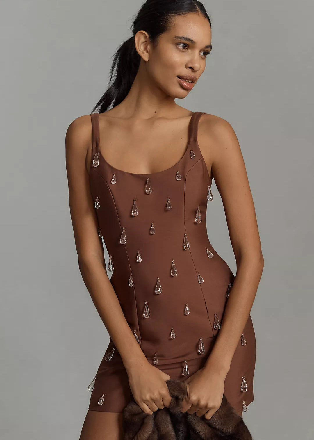 LUVIA BROWN BEADED MINI DRESS De Novoo LUVIA BROWN BEADED MINI DRESS De Novoo