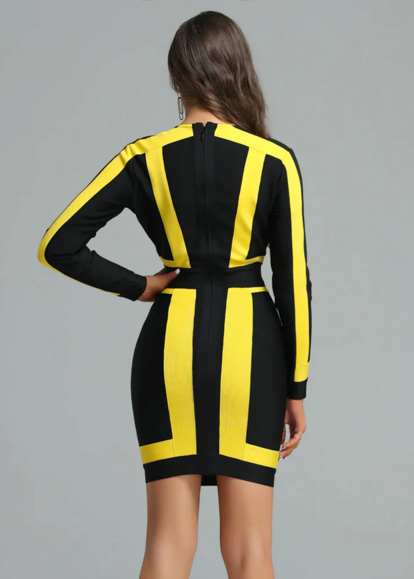 BLACK & YELLOW DEEP V NECK MINI BANDAGE DRESS