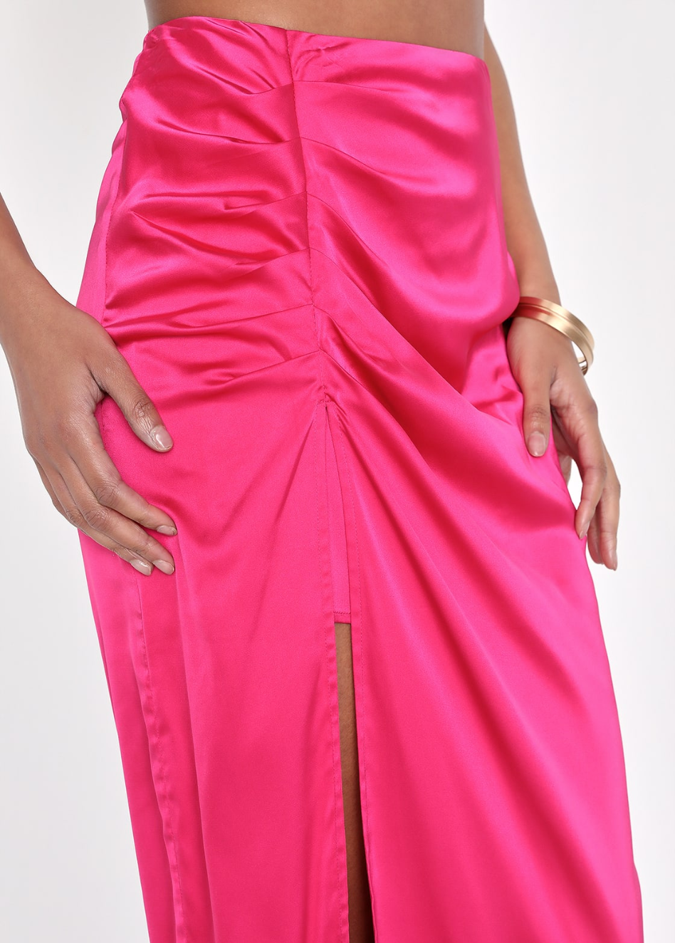 HOT PINK SATIN RUCHED MIDI SKIRT