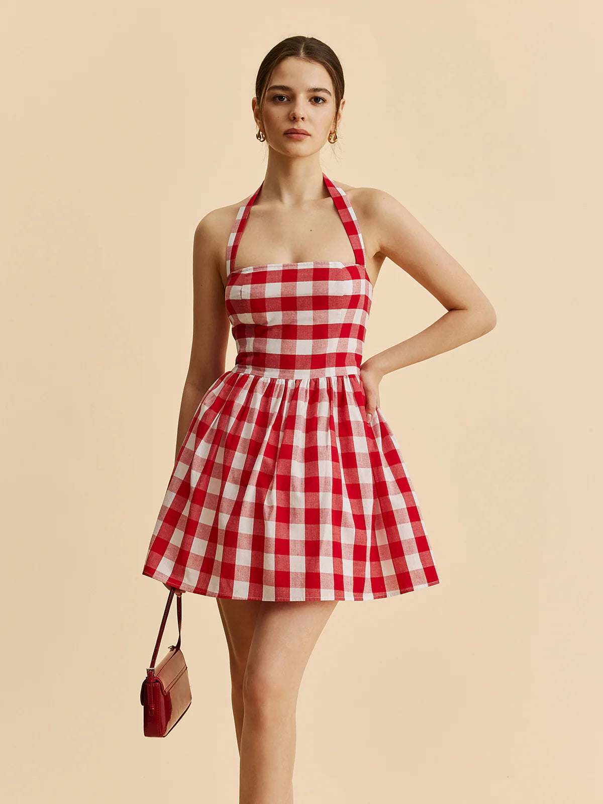 HALTER GINGHAM PRINT MINI DRESS