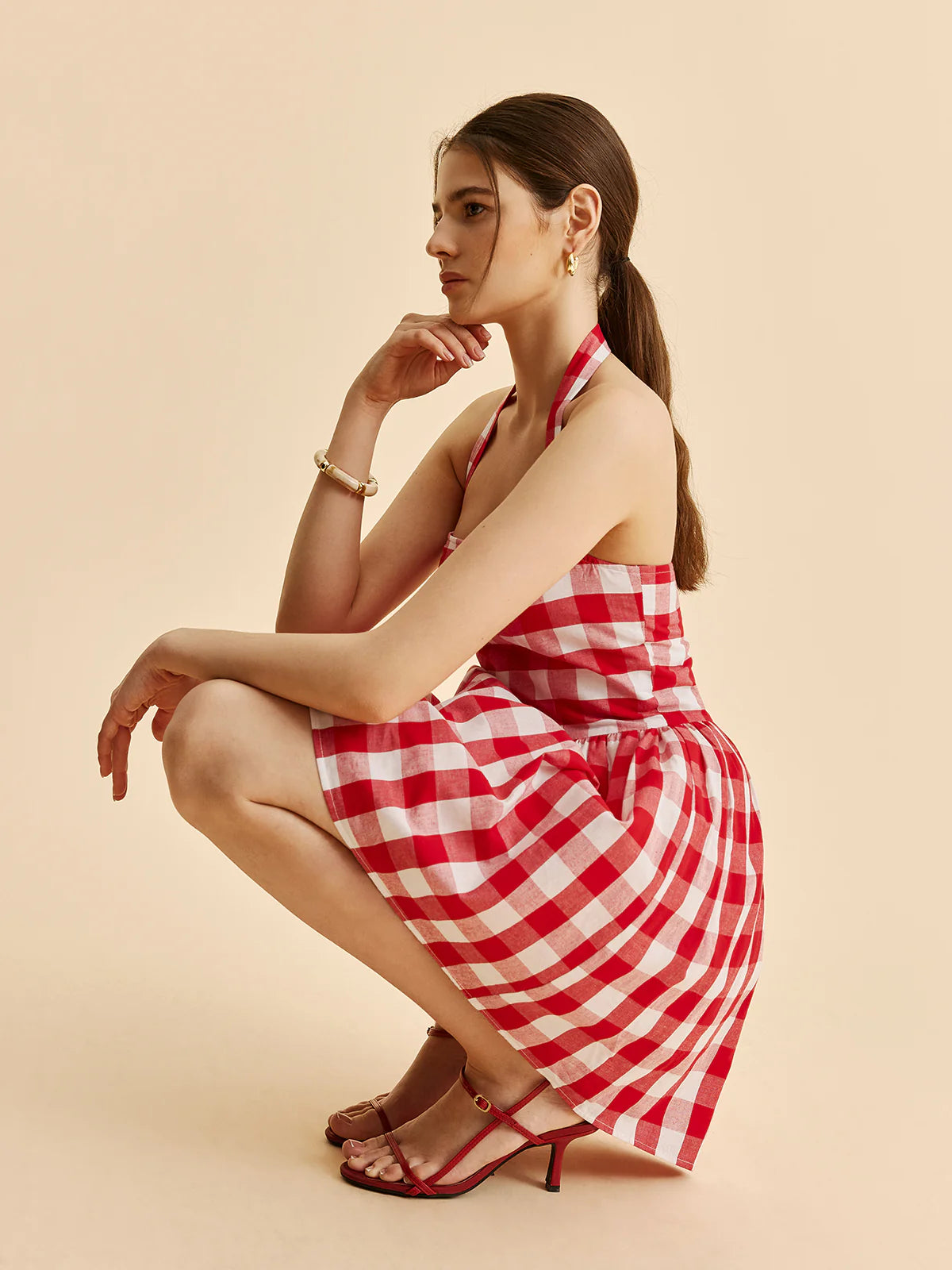 HALTER GINGHAM PRINT MINI DRESS