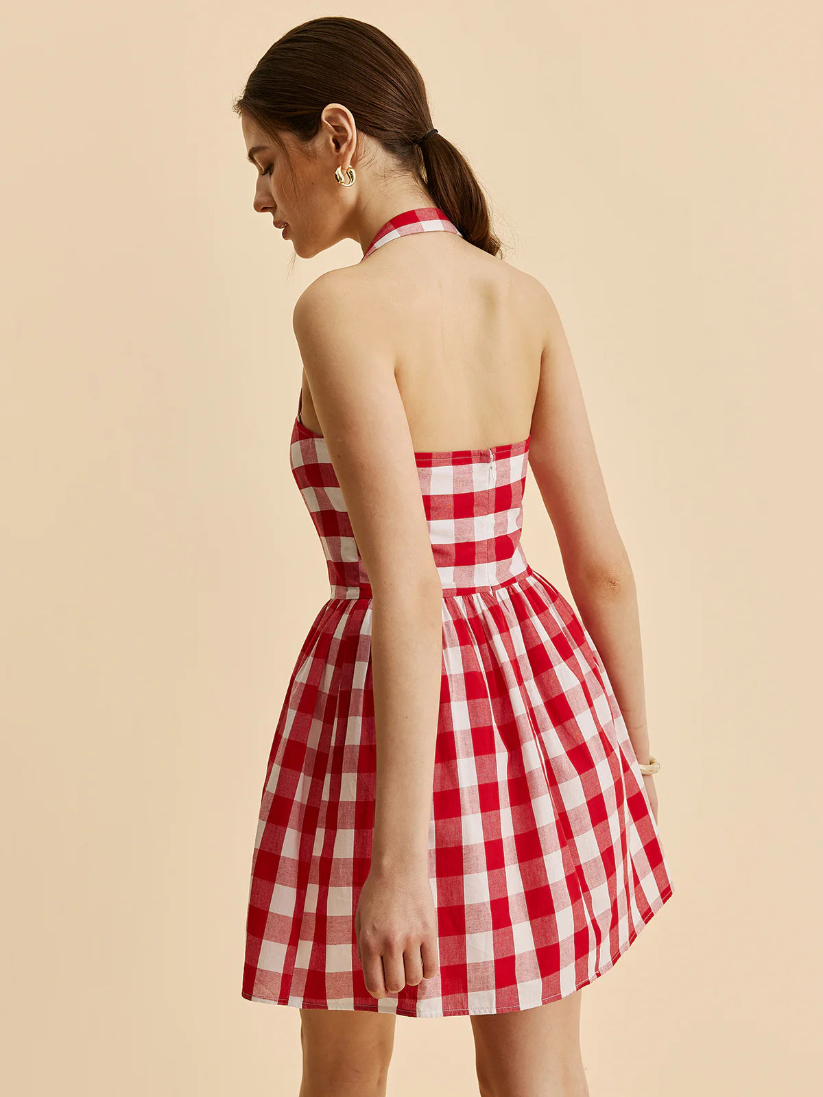 HALTER GINGHAM PRINT MINI DRESS