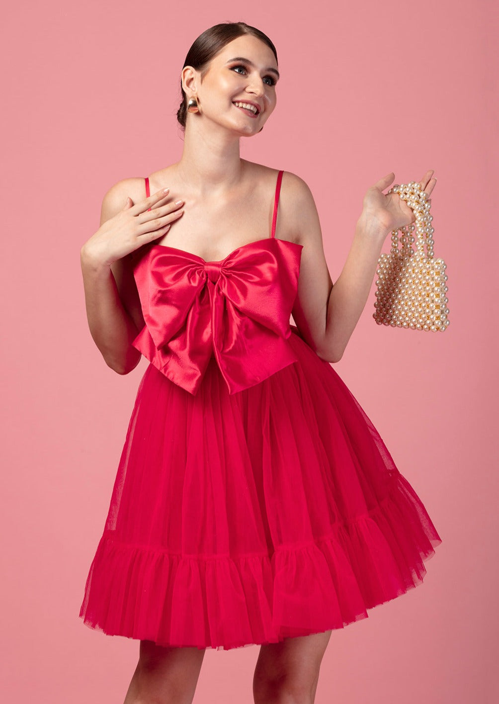 BOW DETAIL TULLE FRILL DRESS