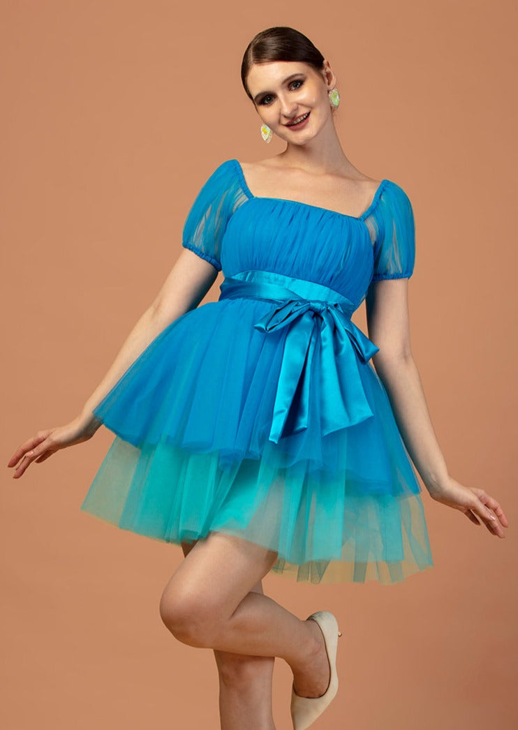 BLUE MONOCHROME TULLE DRESS
