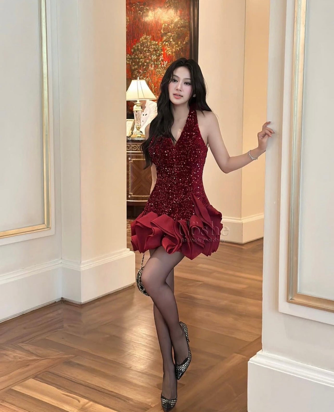 WHITE SEQUIN HALTER NECK WAVES DRESS