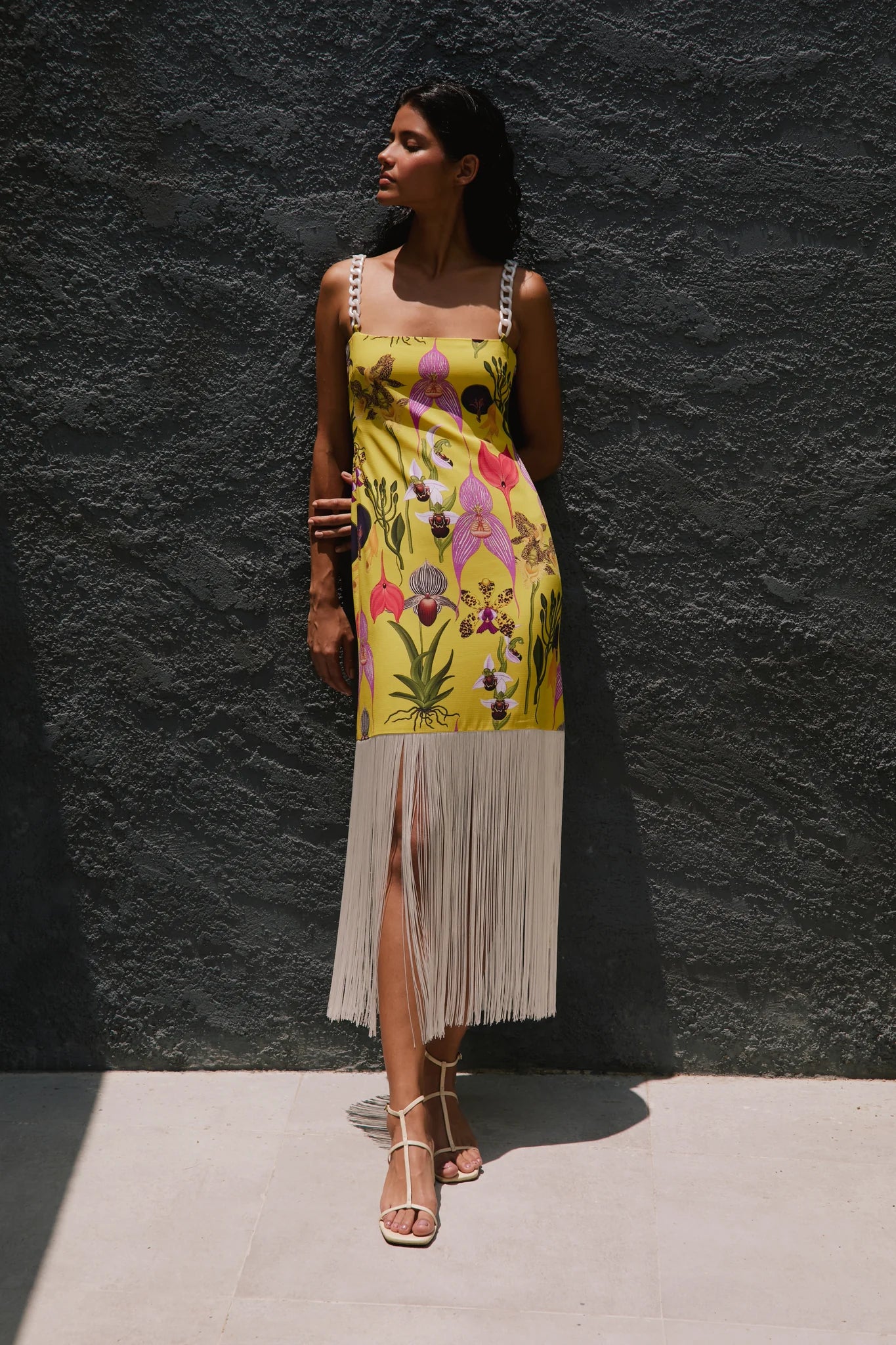 BOTANICA YELLOW PRINT FRINGE DRESS