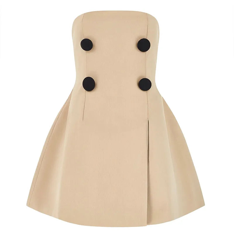 STRAPLESS BROWN CREPE MINI DRESS