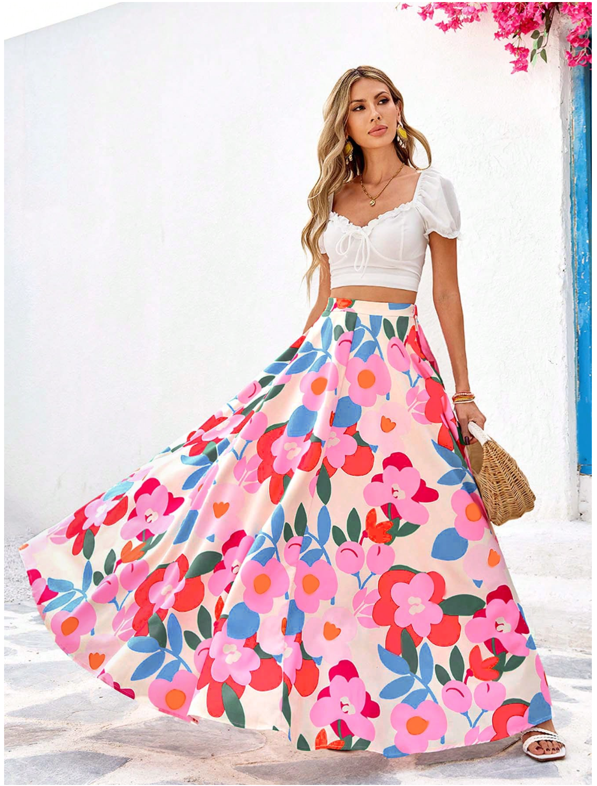 MULTICOLOR PINK FLORAL MAXI SKIRT