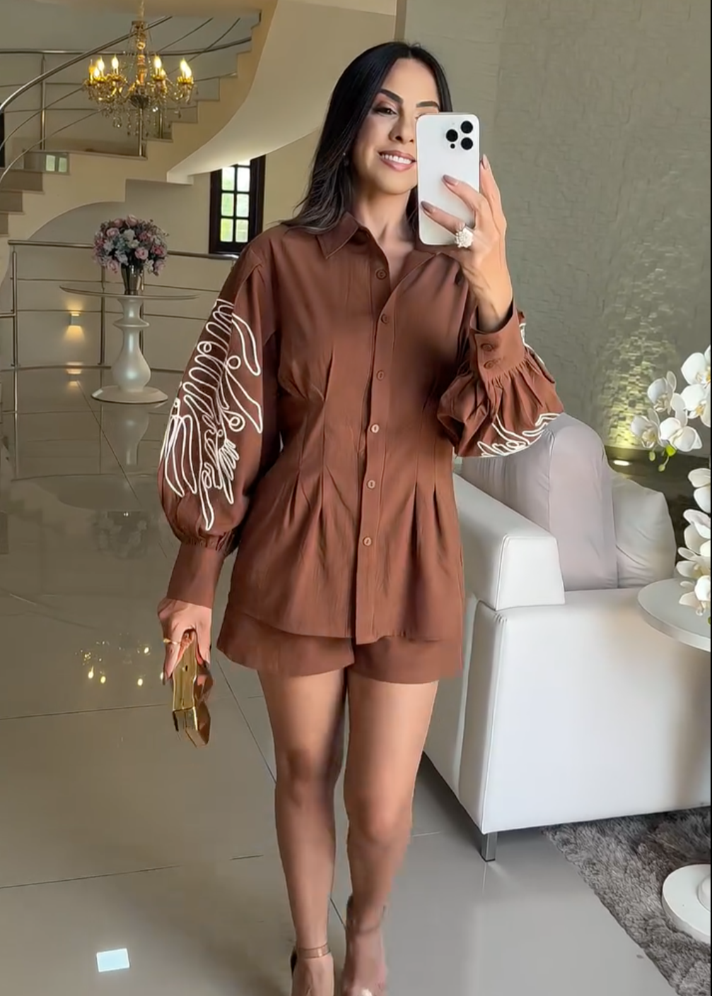 BROWN EMBROIDERED SLEEVE C0-ORD