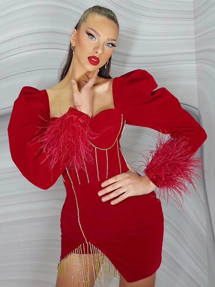LUXURY BODYCON CRYSTAL TASSEL MINI DRESS