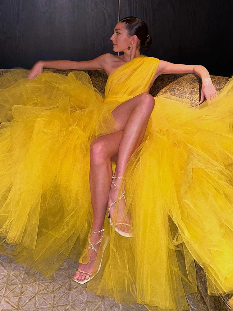 YELLOW MESH TULLE PLEATED BALL DRESS