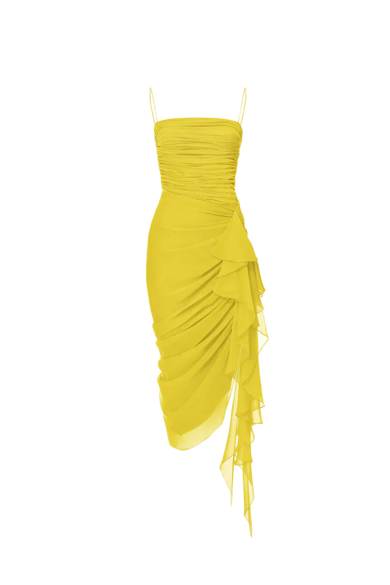 DRAPED CHIFFON LONG MIDI DRESS