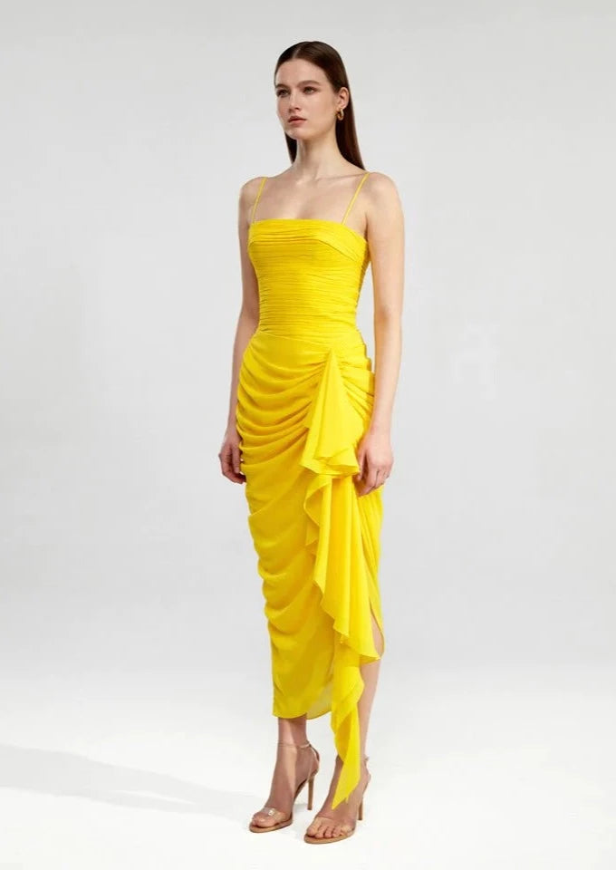 DRAPED CHIFFON LONG MIDI DRESS