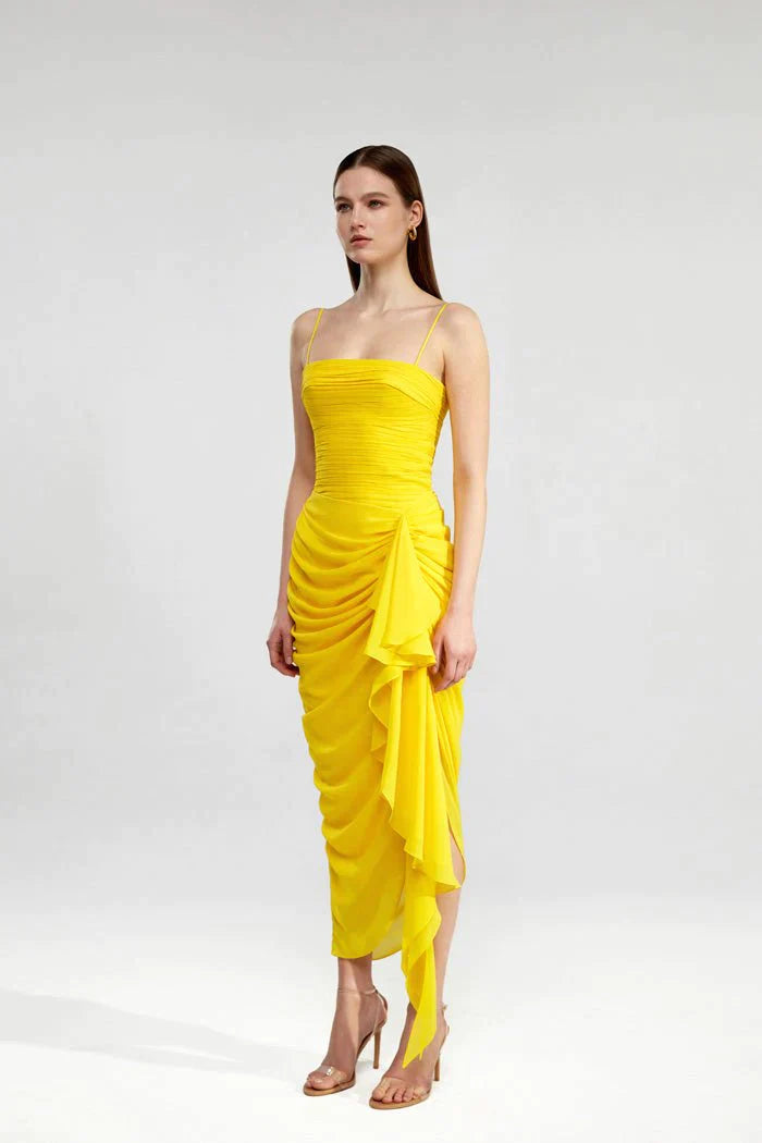 DRAPED CHIFFON LONG MIDI DRESS