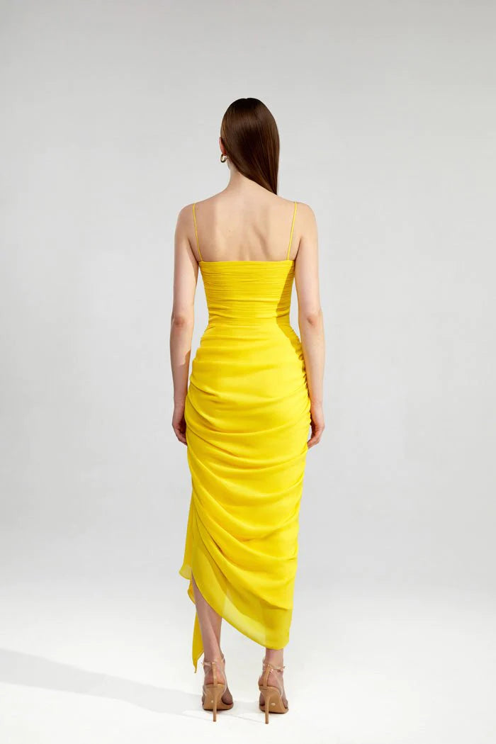 DRAPED CHIFFON LONG MIDI DRESS