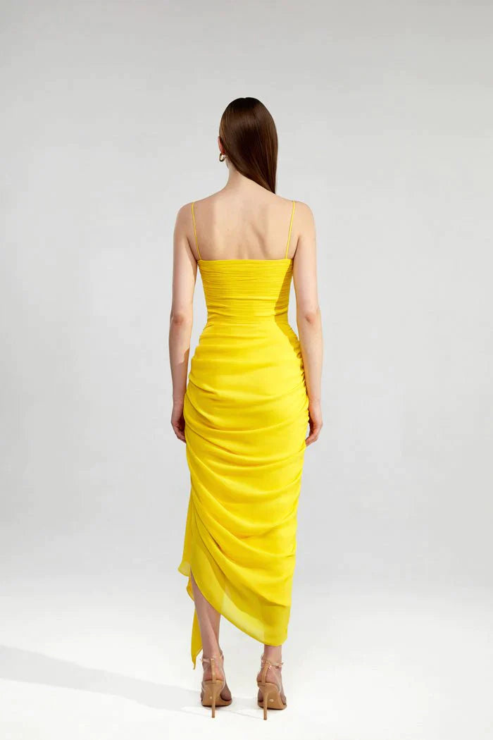 DRAPED CHIFFON LONG MIDI DRESS