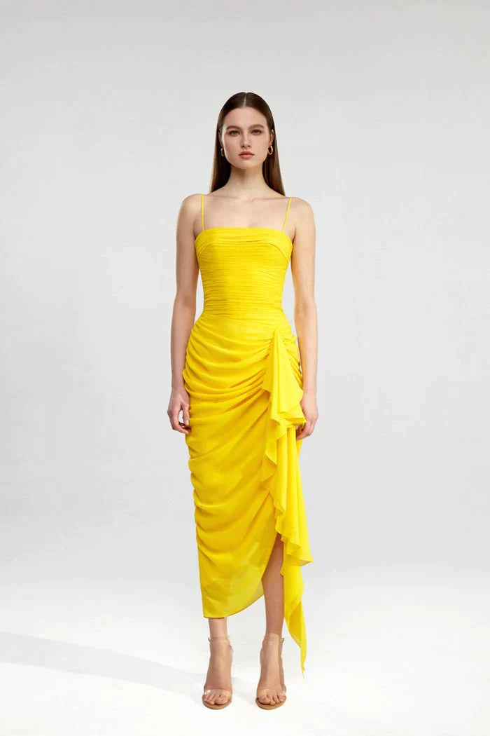 DRAPED CHIFFON LONG MIDI DRESS
