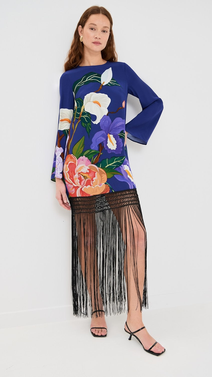 FRINGE TRIM BLUE FLORAL DRESS