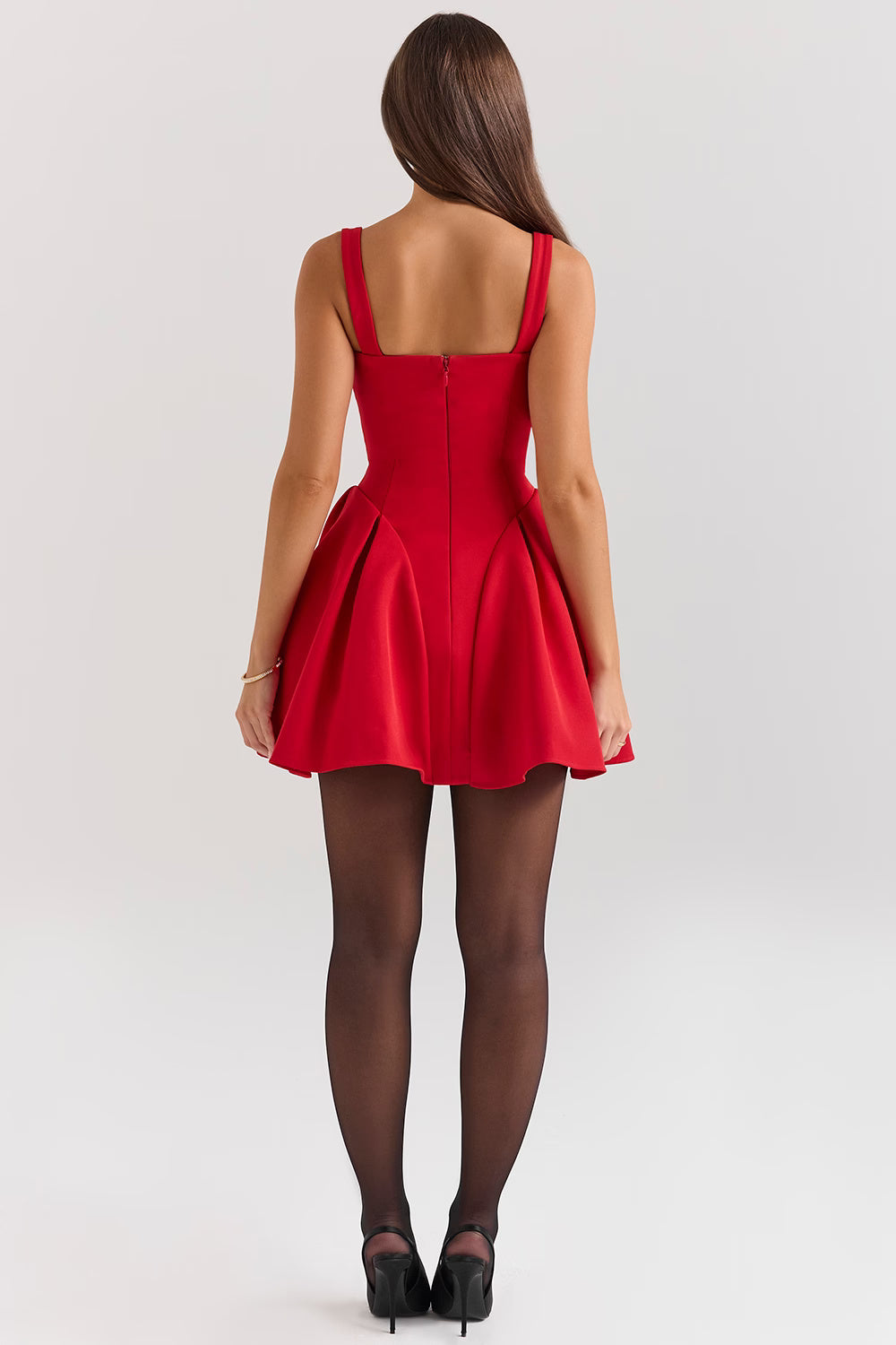 RED FLARED TIARA BUST DRESS