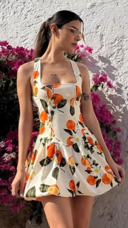 TANGERINE ORANGE PRINT BUBBLE DRFESS