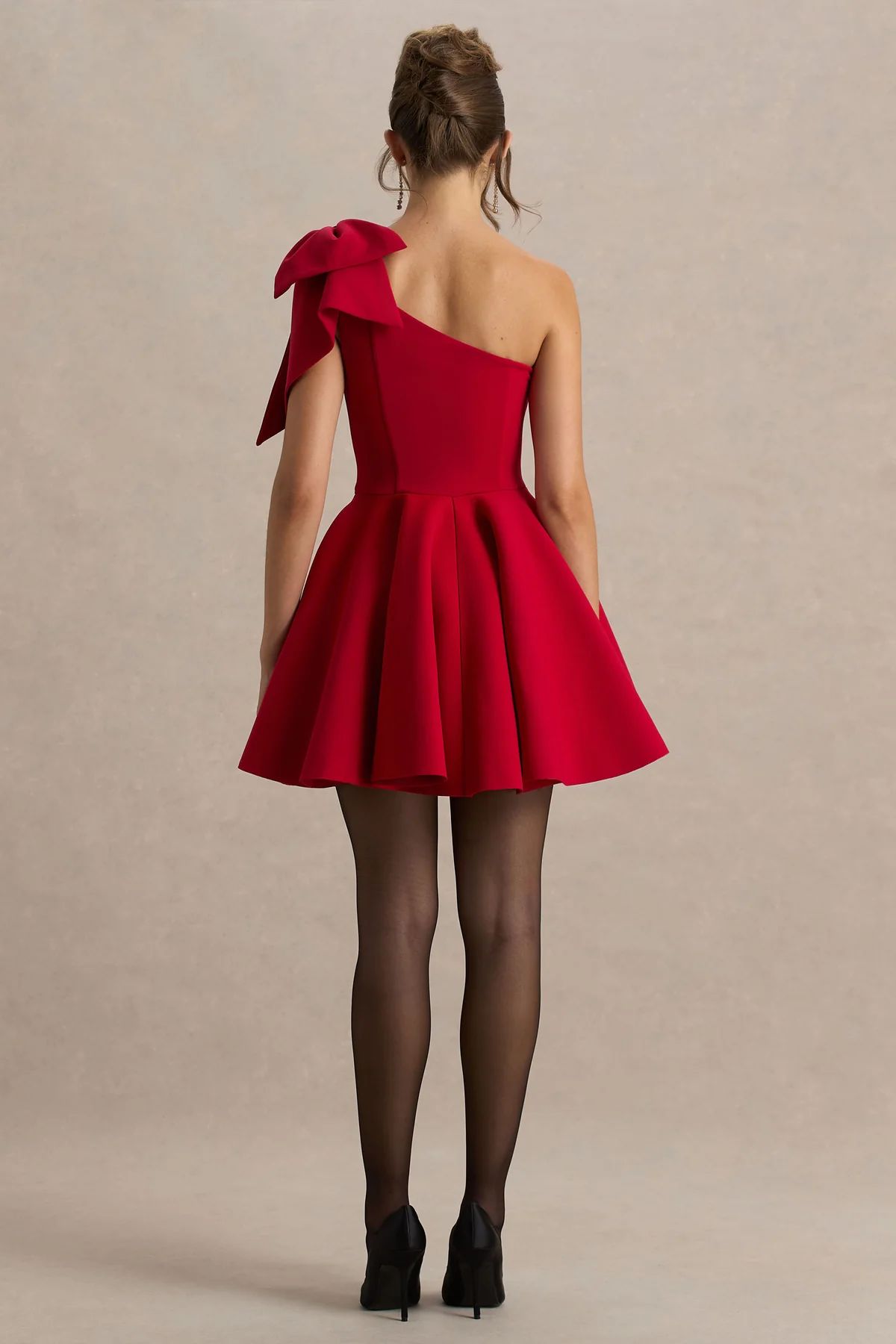 RED ONE SHOULDER BOW FLOUNCE DRESS
