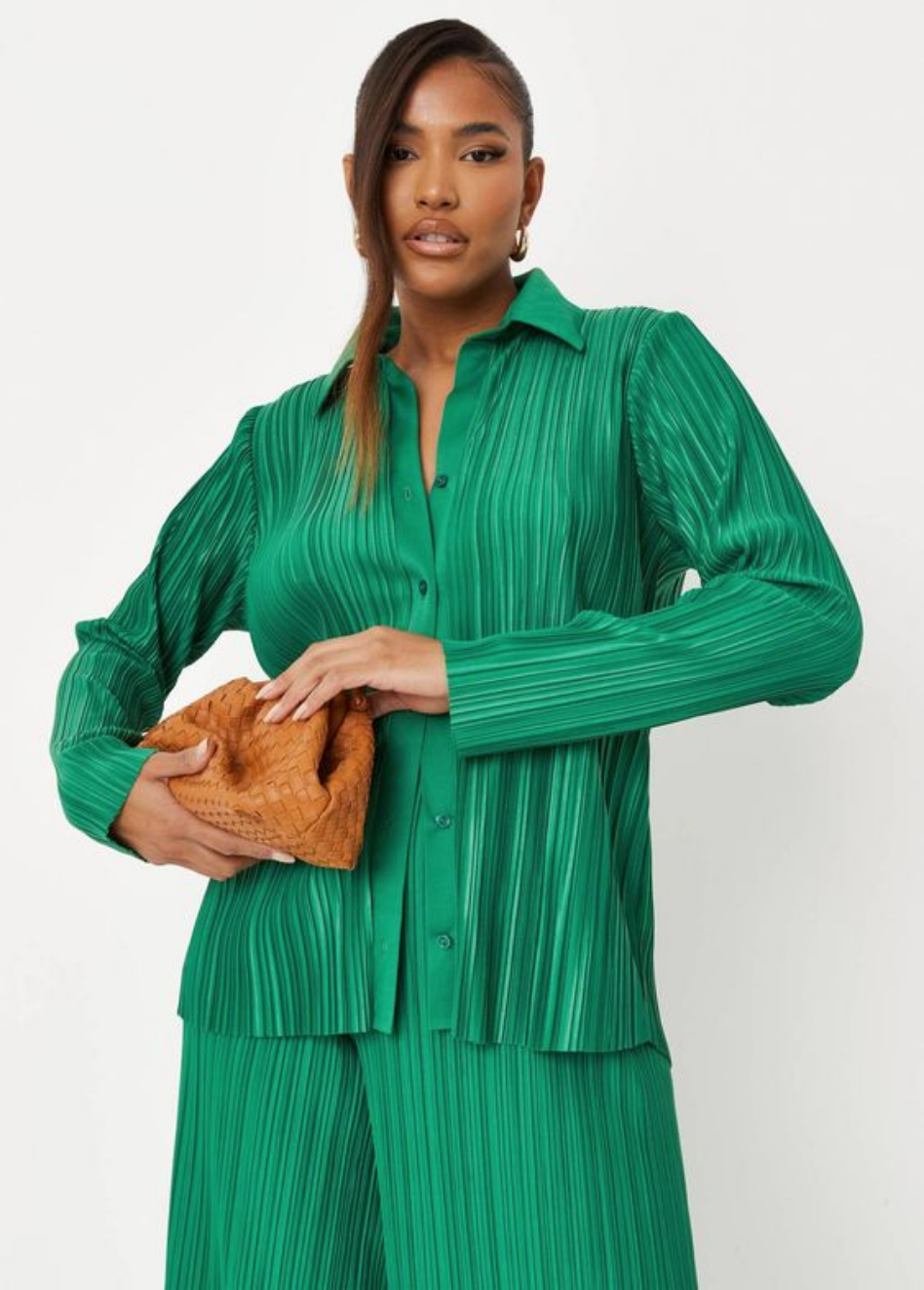 Pleated V-neck top & wide leg pant two piece set