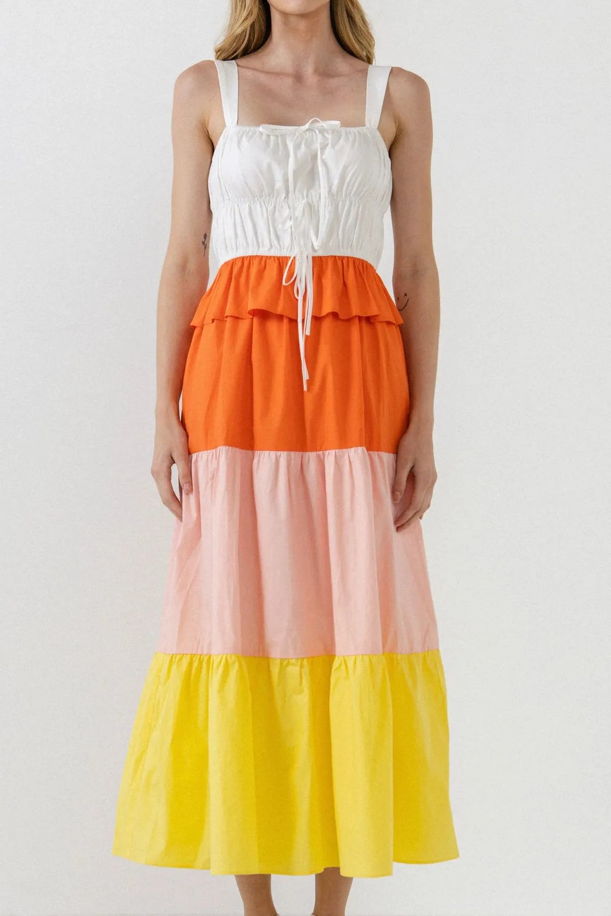 CONTRAST PLEATED PANELLED COTTON DRESS