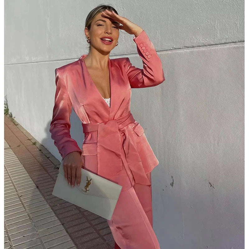 SATIN PEACH PINK BLAZER SET