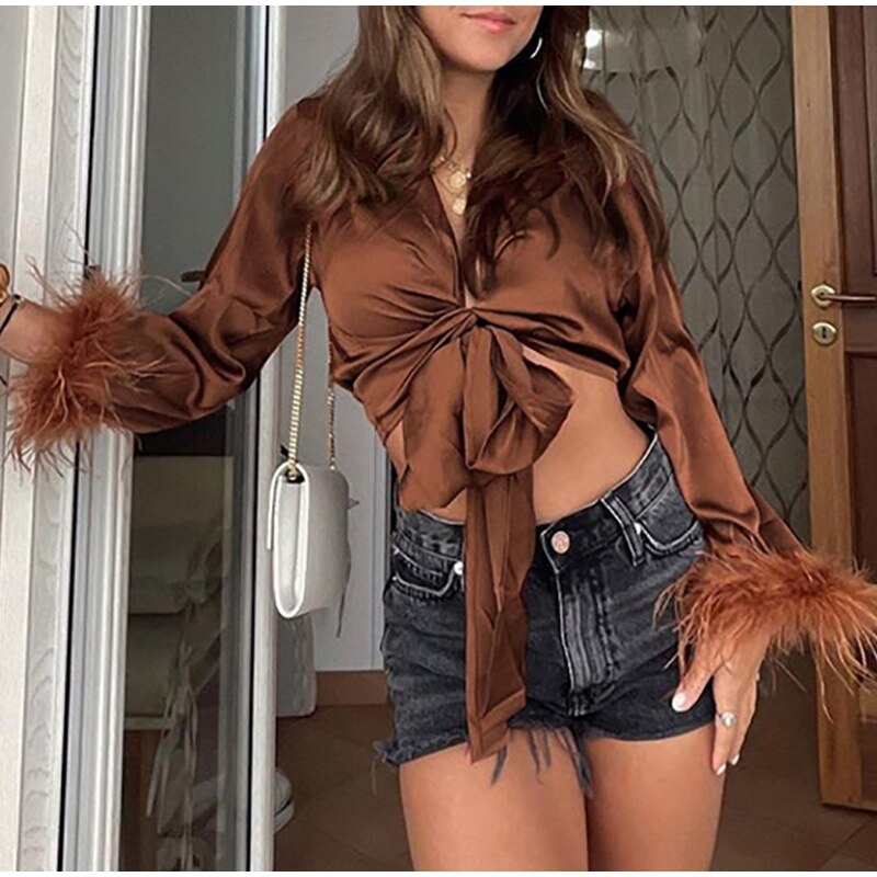 BROWN SATIN FEATHER SHIRT TOP