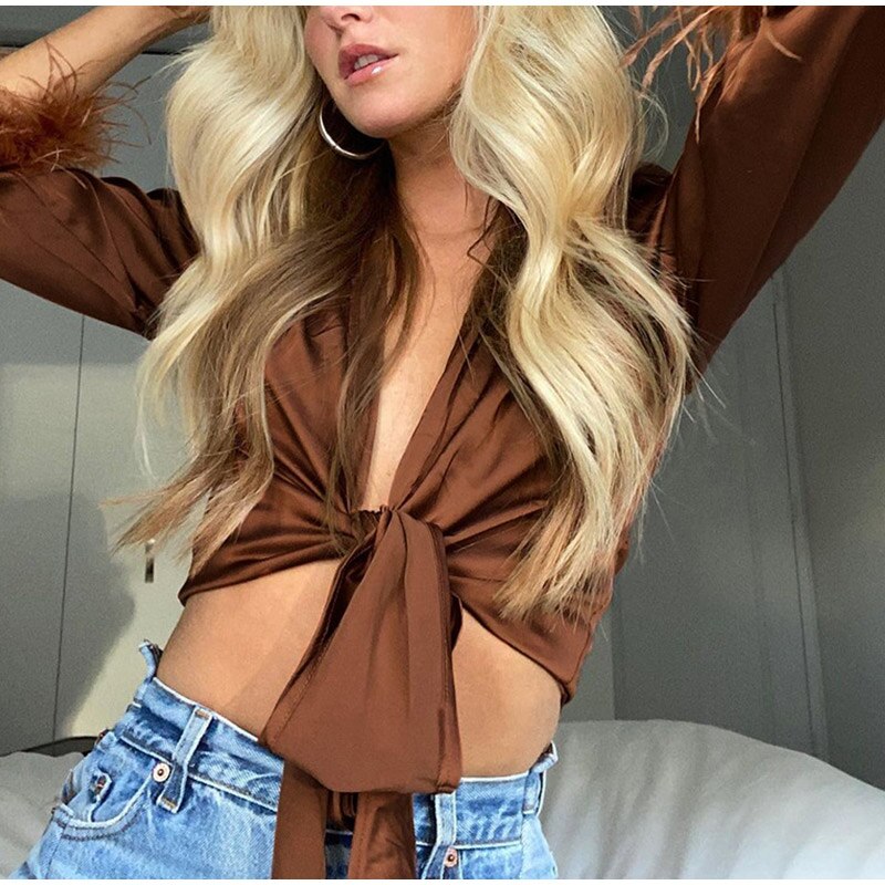 BROWN SATIN FEATHER SHIRT TOP