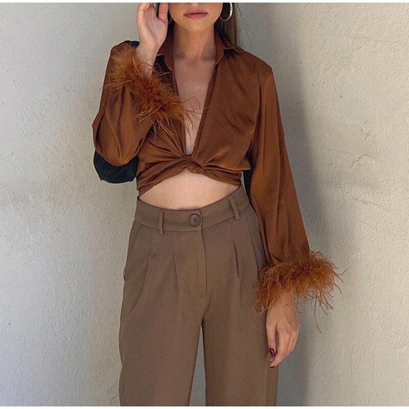 BROWN SATIN FEATHER SHIRT TOP