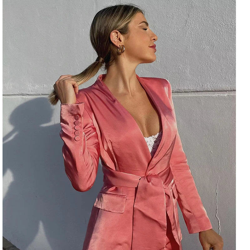 SATIN PEACH PINK BLAZER SET