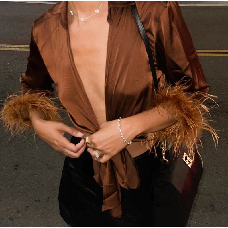 BROWN SATIN FEATHER SHIRT TOP