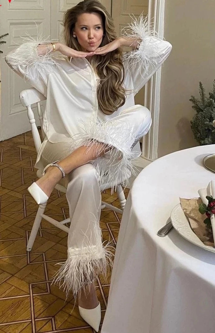Long Sleeve Feather Pants Suit