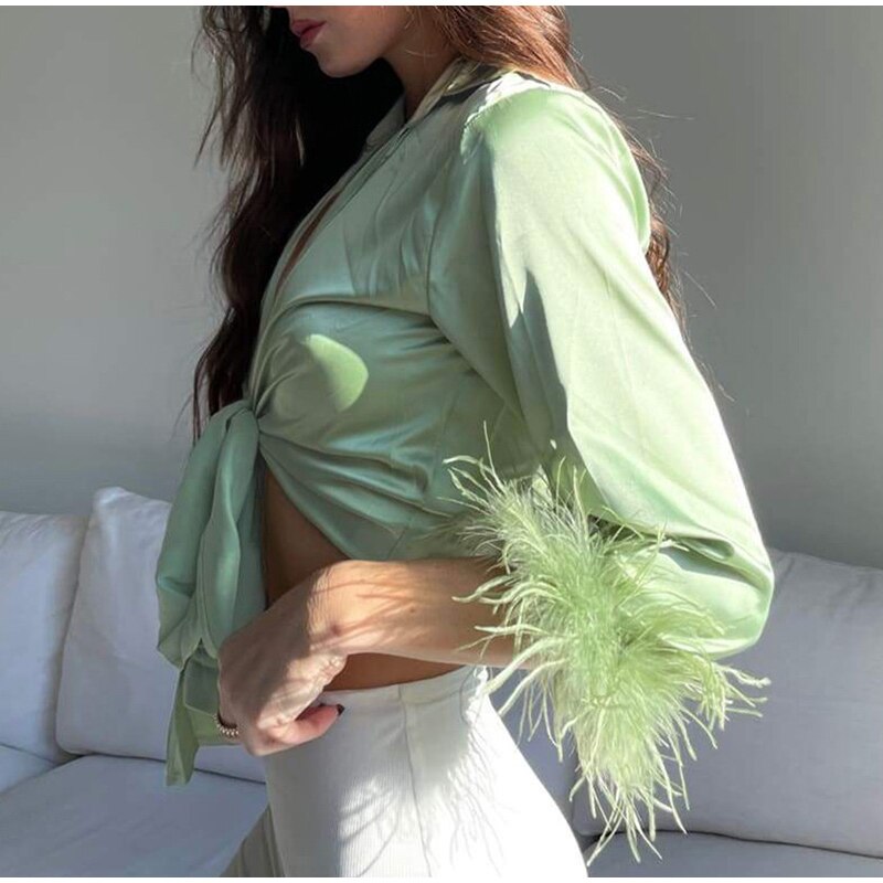 SATIN TIE-UP FEATHER TOP