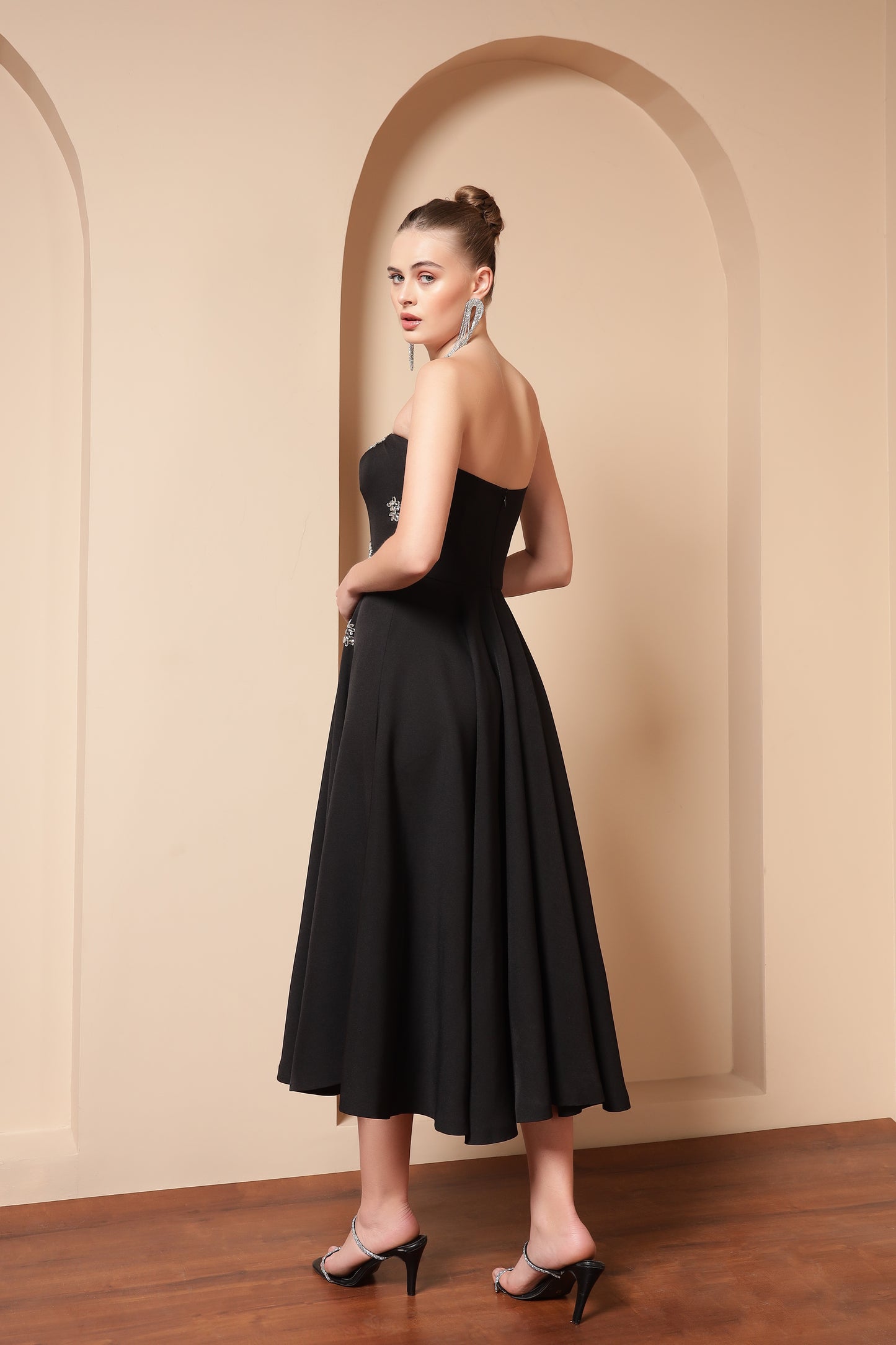 CRYSTAL EMBROIDERED FLARE MIDI DRESS