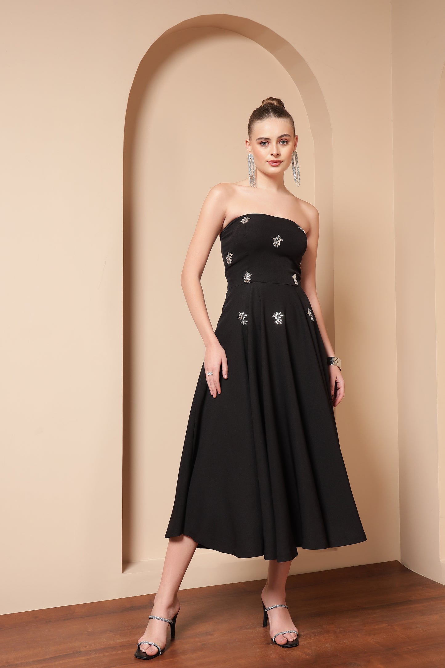 CRYSTAL EMBROIDERED FLARE MIDI DRESS