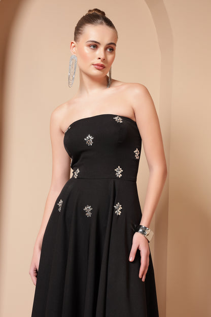 BLACK CRYSTAL EMBROIDERED FLARE MIDI DRESS