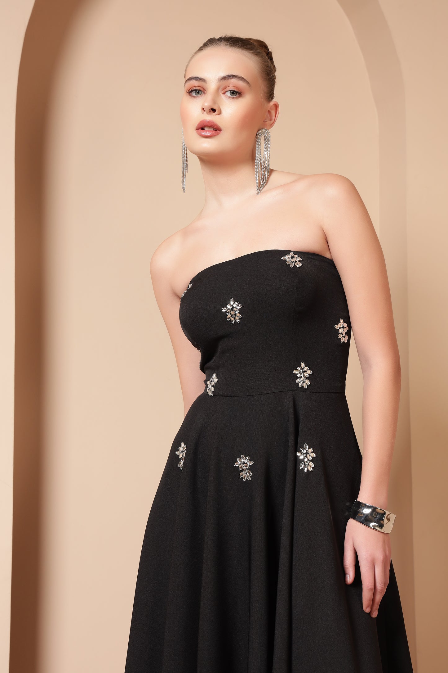 CRYSTAL EMBROIDERED FLARE MIDI DRESS