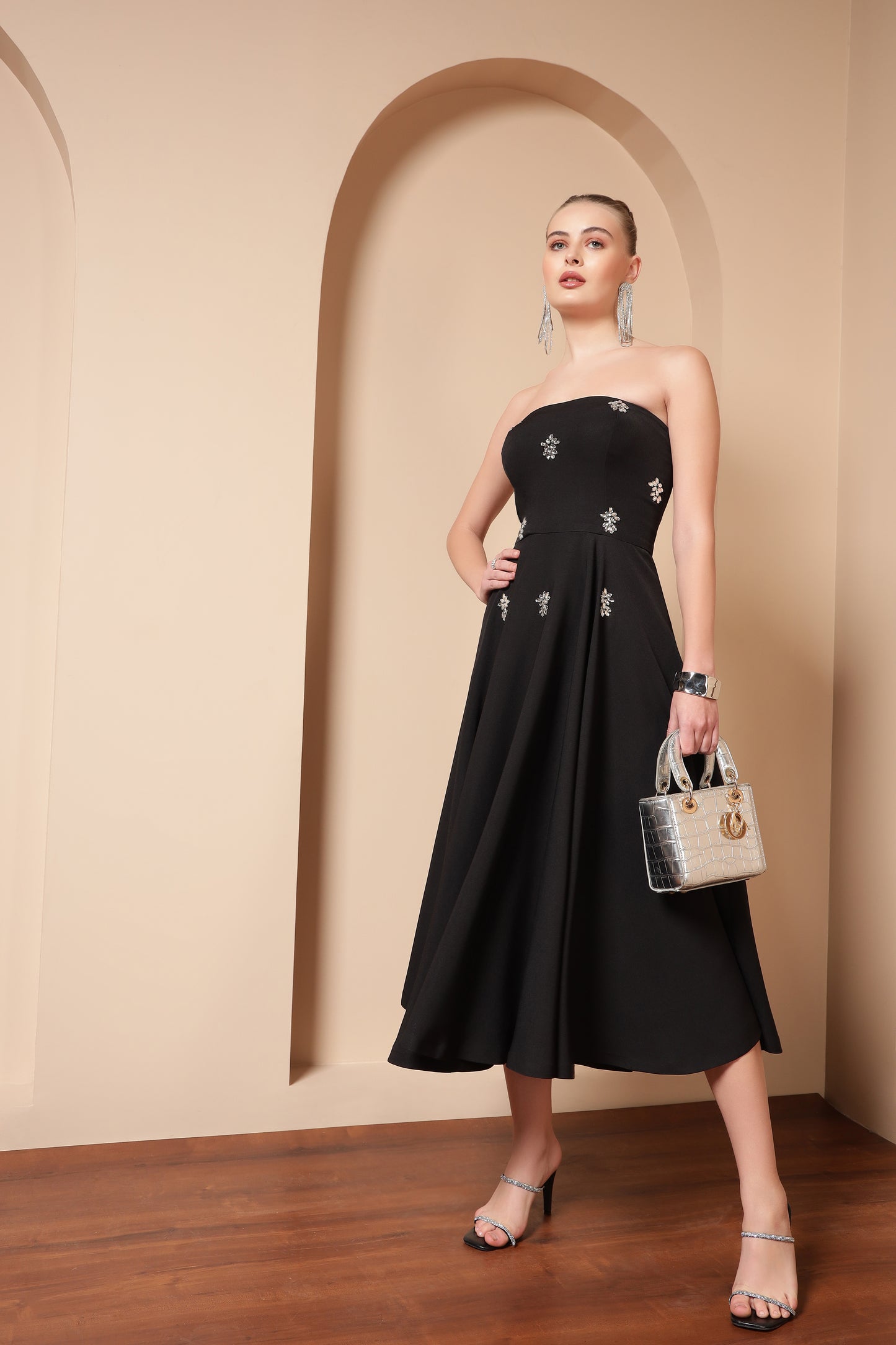 CRYSTAL EMBROIDERED FLARE MIDI DRESS