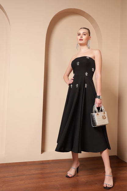 BLACK CRYSTAL EMBROIDERED FLARE MIDI DRESS