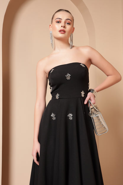 BLACK CRYSTAL EMBROIDERED FLARE MIDI DRESS
