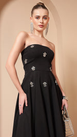 BLACK CRYSTAL EMBROIDERED FLARE MIDI DRESS