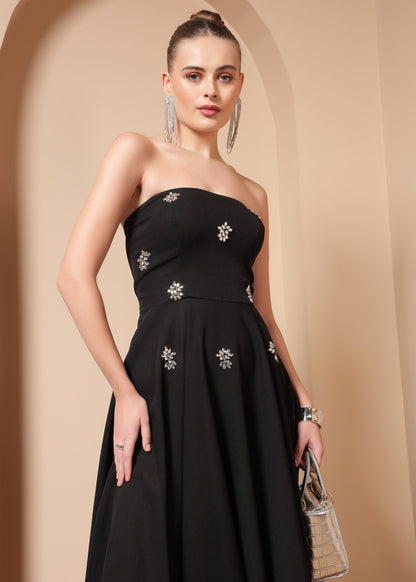 CRYSTAL EMBROIDERED FLARE MIDI DRESS