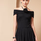 RIBBED ROSE BLACK PLEATED DRESS