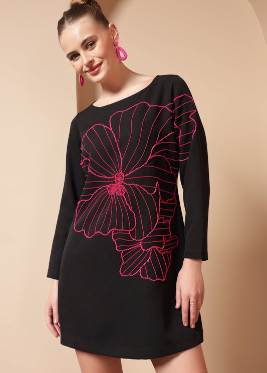 FLOWER EMBROIDERED A-LINE DRESS