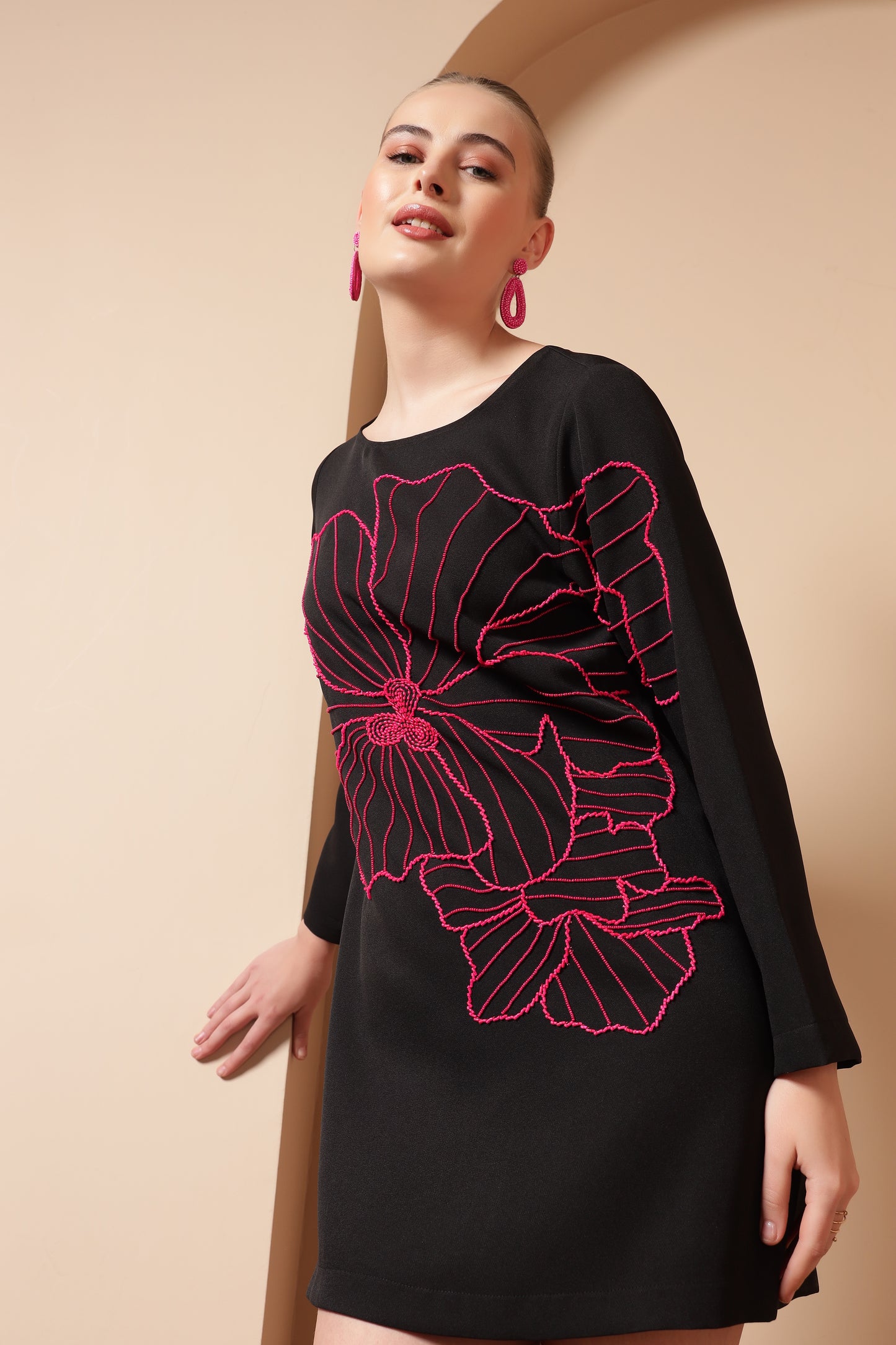 FLOWER EMBROIDERED A-LINE DRESS