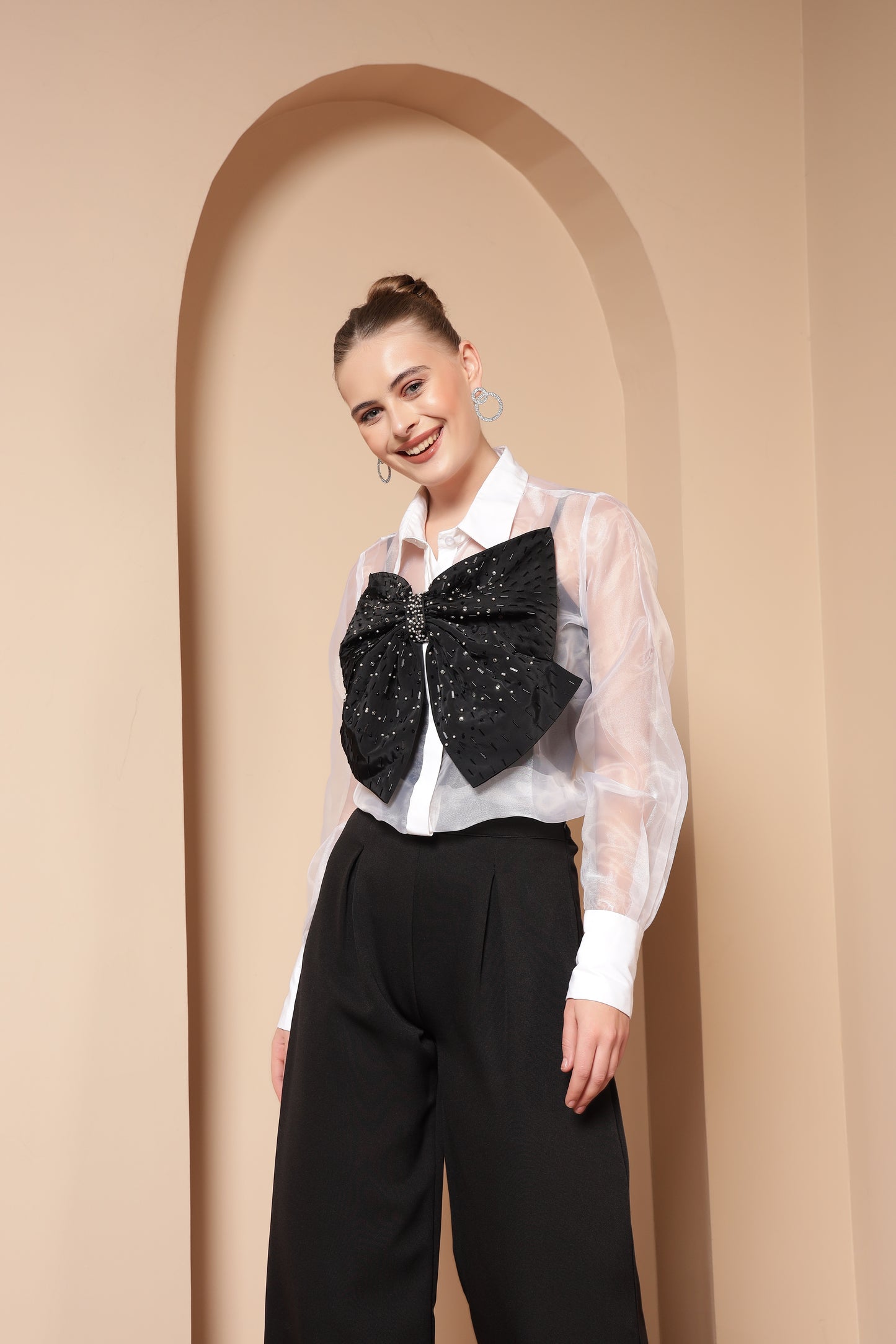 STATEMENT SHEER ORGANZA SHIRT WITH BOW