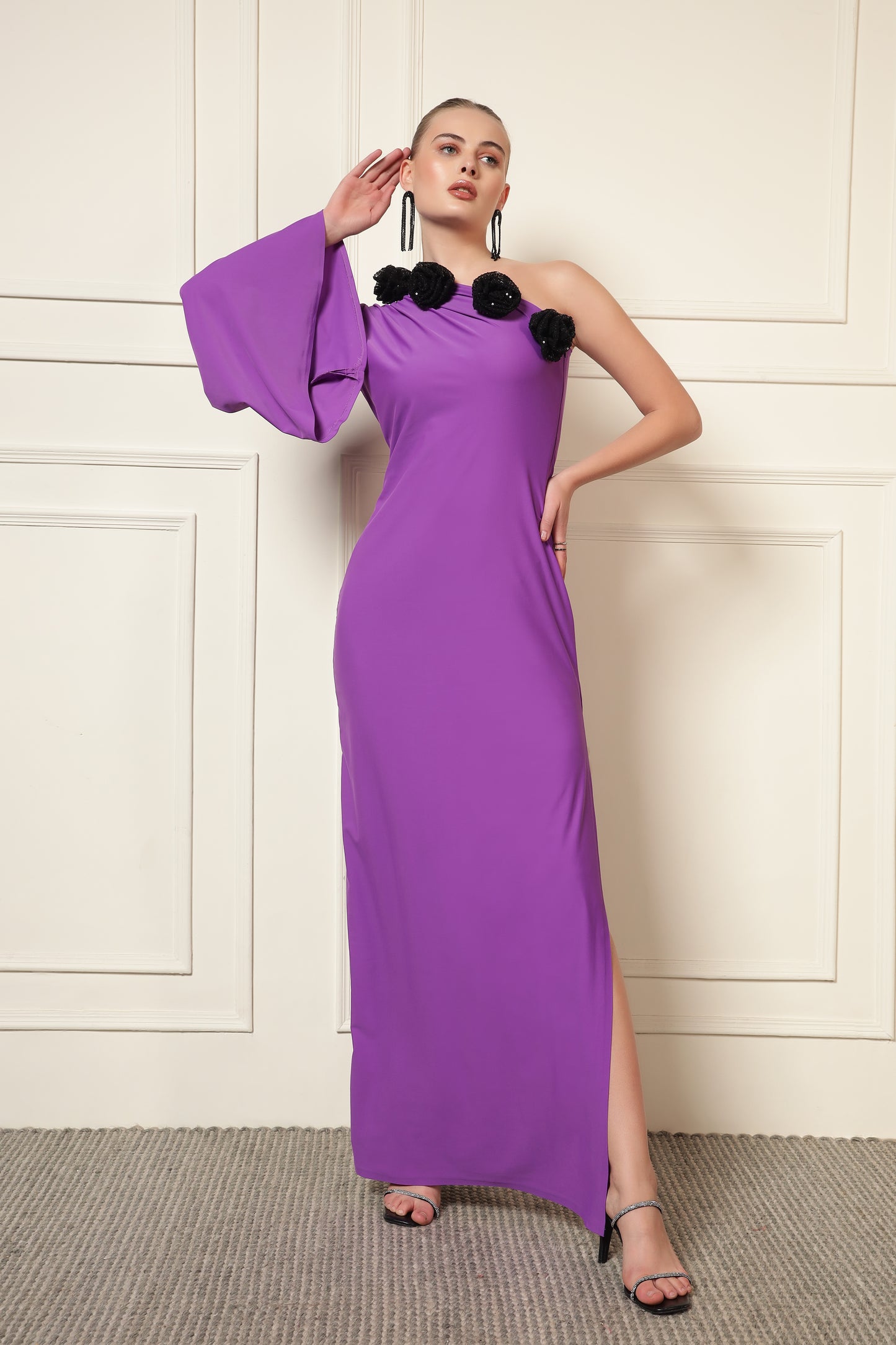 ONE SHOULDER MAXI ROSE DRESS