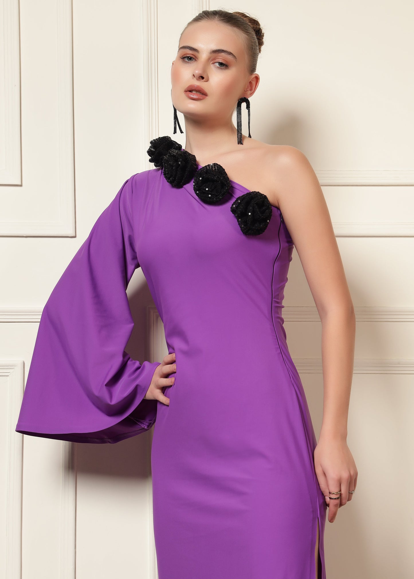 ONE SHOULDER MAXI ROSE DRESS